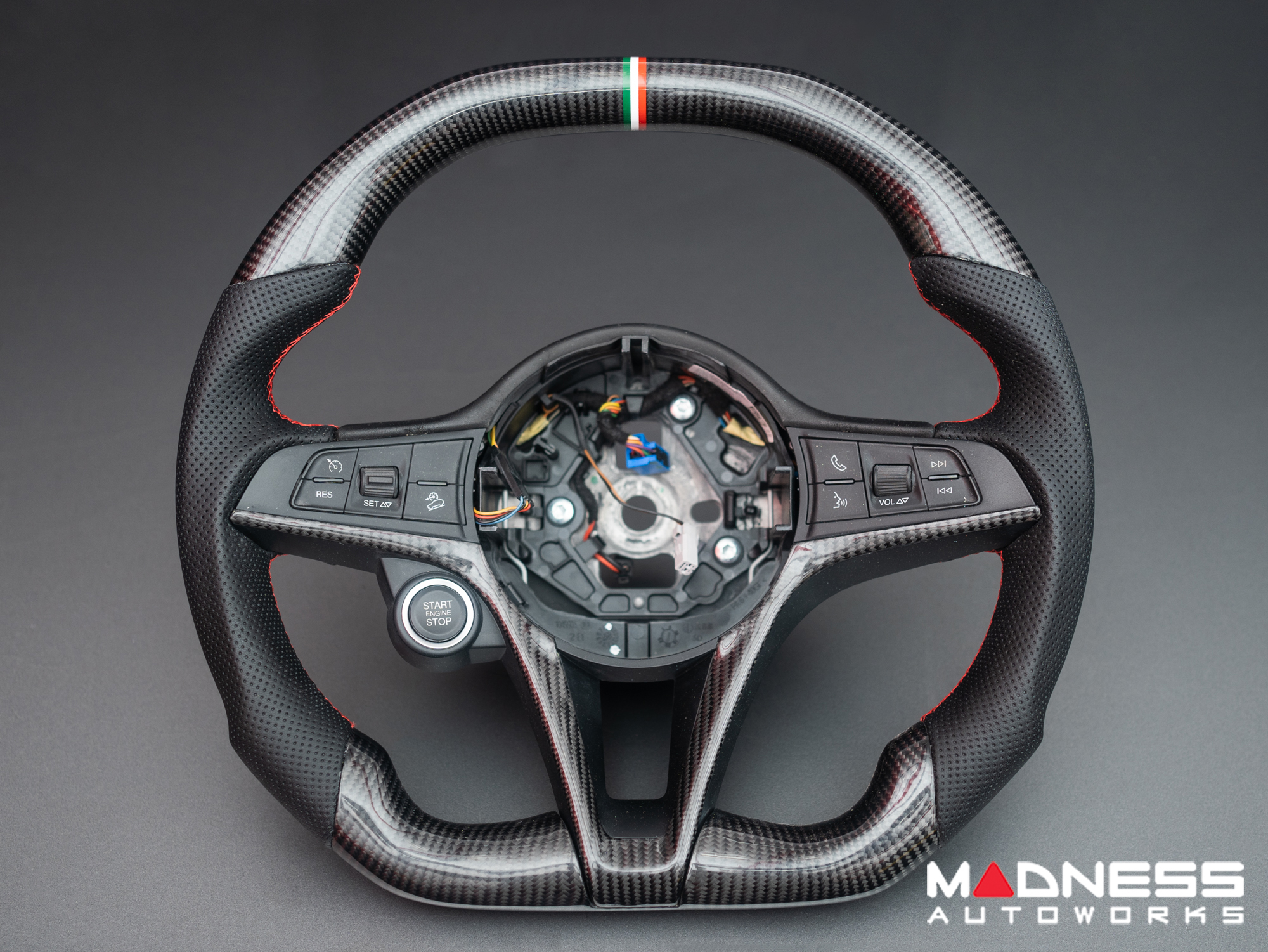 Alfa Romeo Stelvio Custom Steering Wheel - Carbon Fiber - Flat Top/ Flat Bottom - w/ Italian Stripe - Non QV Models - Alcantara